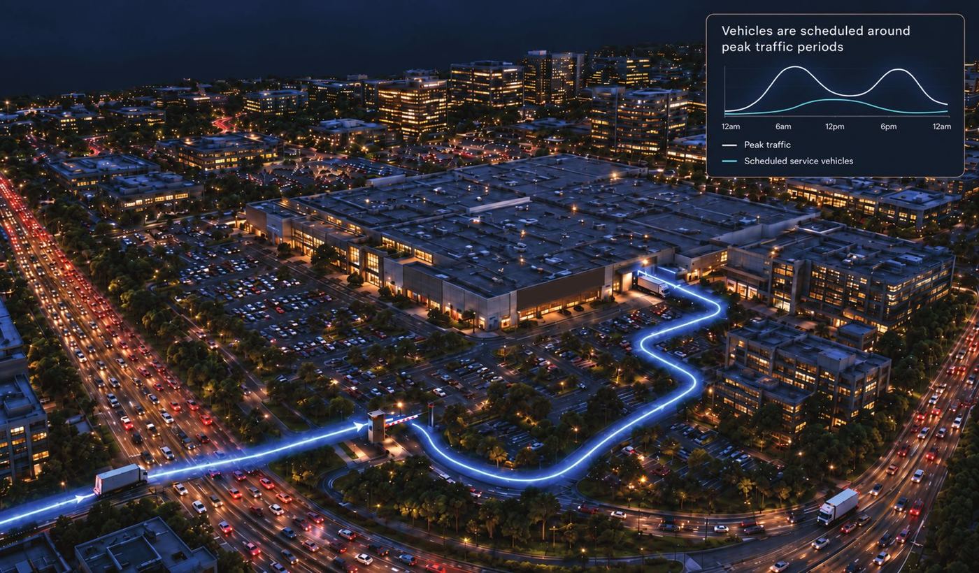 Concept night view of a retail centre with a delivery truck route to the dock, scheduled around peak traffic