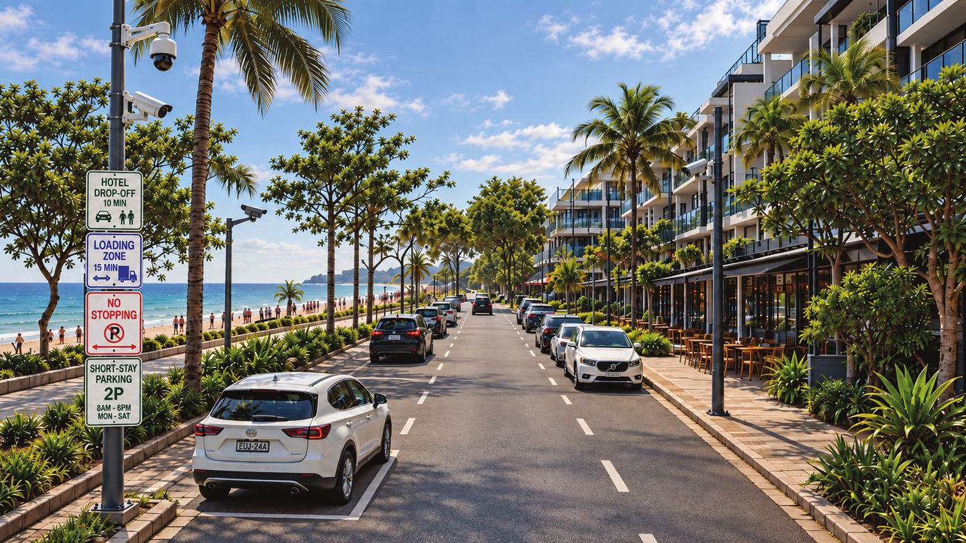 Concept view of a beachside street with kerbside parking signs and zone cameras